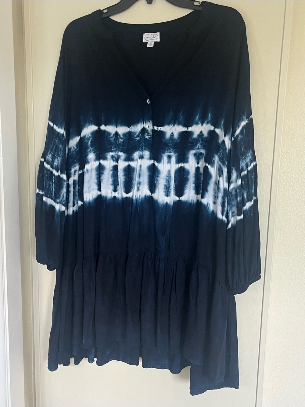 Mud Pie Navy and White Tie-Dye Tiered V-Neck Tunic Dress